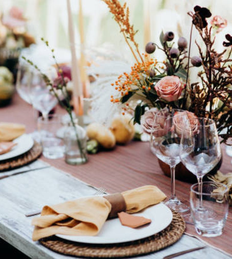 Beautiful wedding table decoration and setting in rustic / village style. Italian wedding.